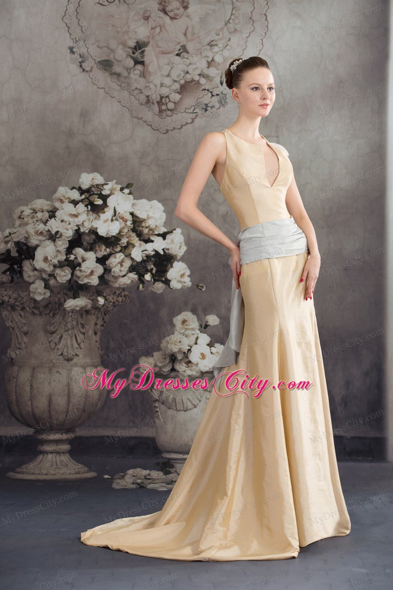 Column Sash Brush Train Celebrity Dress in Nude Color