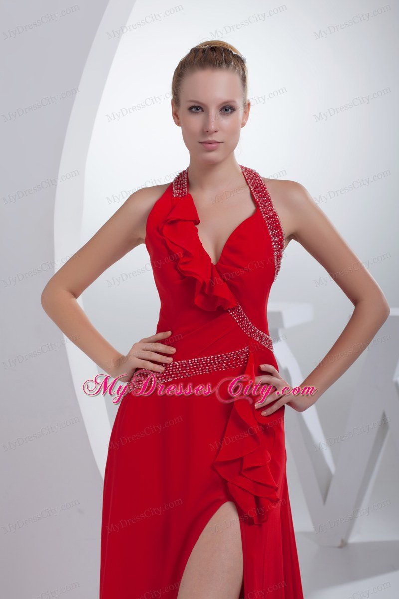 V-neck Halter Beaded High Slit Red Long Dress for Celebrity