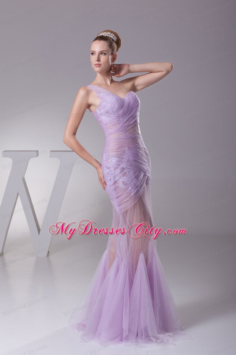 Pleated Sheer Lavender One Shoulder Mermaid Appliques Celebrity Dress
