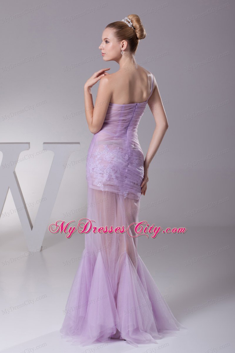 Pleated Sheer Lavender One Shoulder Mermaid Appliques Celebrity Dress