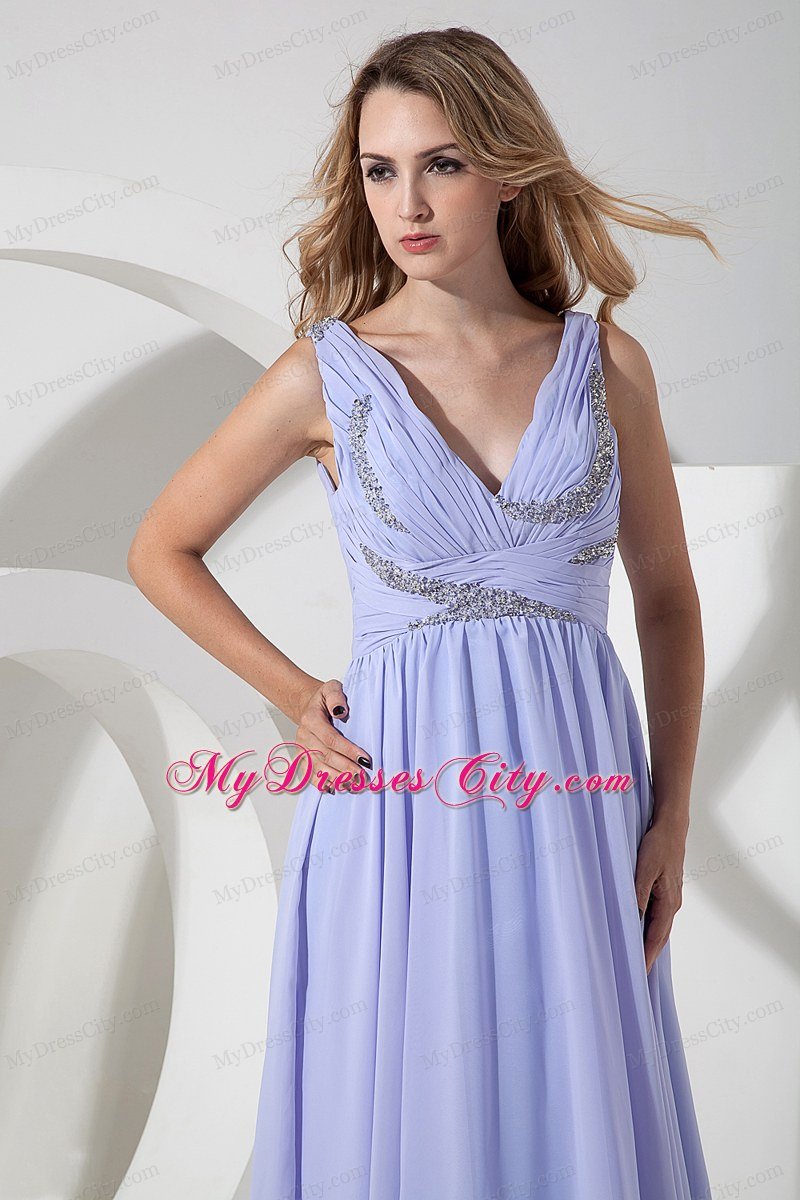 Beaded Decorate V-neck Floor-length Lilac Chiffon Celebrity Dress