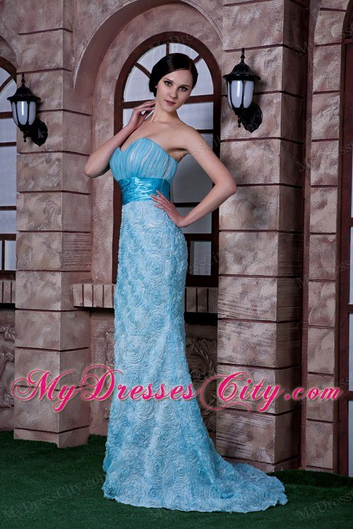 Aqua Blue Column Celebrity Dress Sweetheart Rolling Flowers