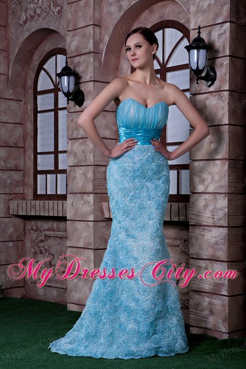 Aqua Blue Column Celebrity Dress Sweetheart Rolling Flowers