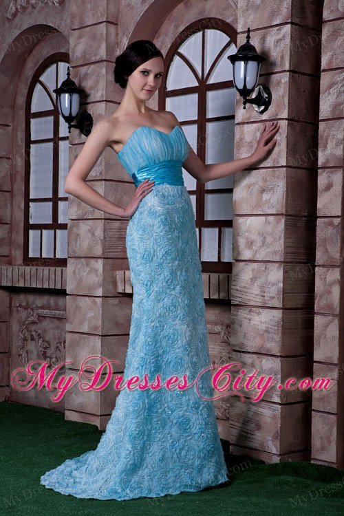 Aqua Blue Column Celebrity Dress Sweetheart Rolling Flowers