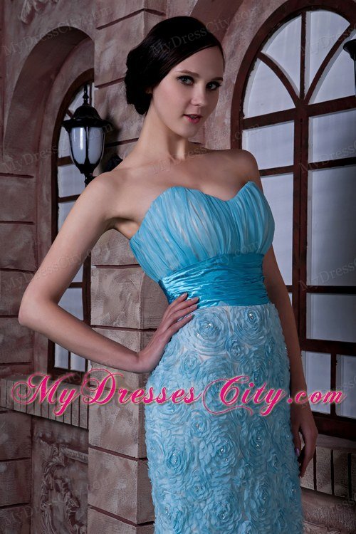 Aqua Blue Column Celebrity Dress Sweetheart Rolling Flowers