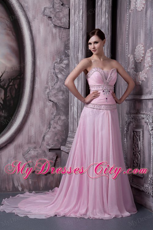 Baby Pink Celebrity Dress A-line Sweetheart Beading Sweep Train