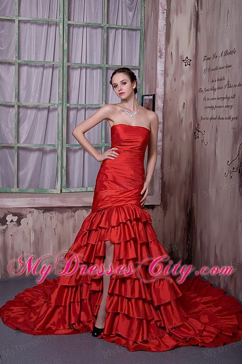 Red Ruffled Layers Celebrity Dress with Slit in Front and Cathedral Train