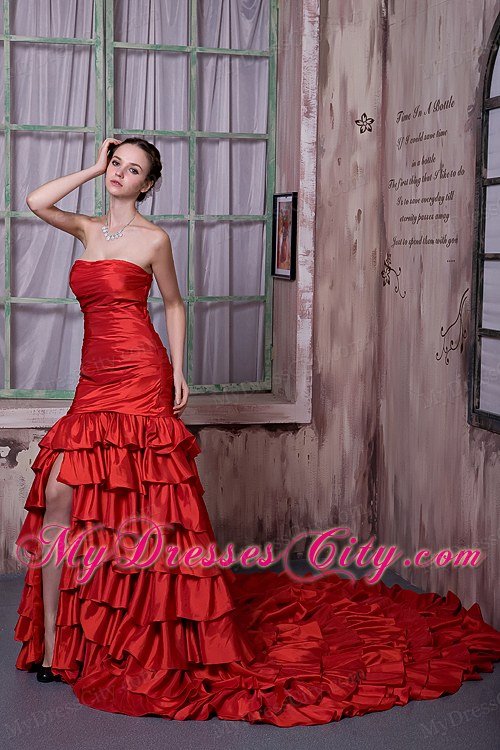 Red Ruffled Layers Celebrity Dress with Slit in Front and Cathedral Train