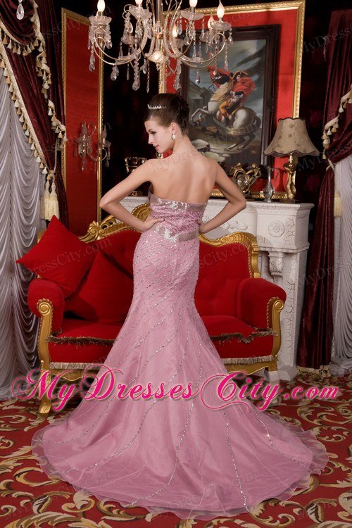 Pink Beading Celebrity Dresses Mermaid Strapless Court Train