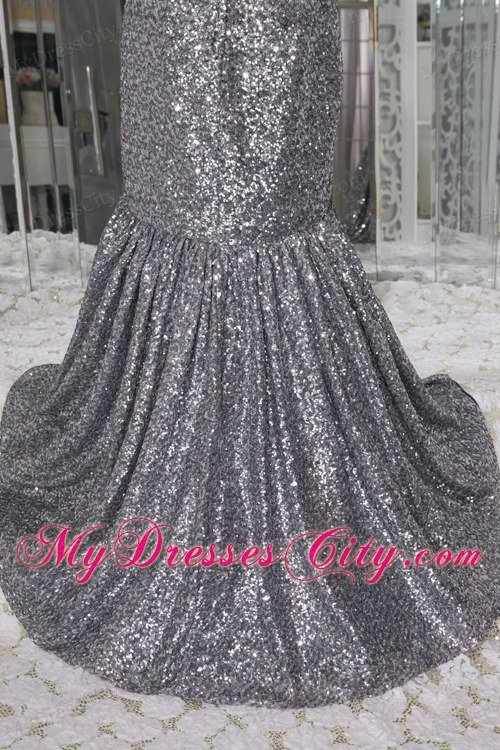 Mermaid Strapless Celebrity Dress Sequins with Sash and Brush Train