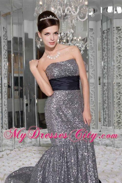 Mermaid Strapless Celebrity Dress Sequins with Sash and Brush Train