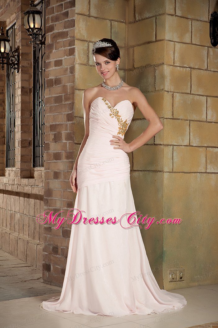 Cream-colored Column Sweetheart Brush Train Beading Celebrity Dress