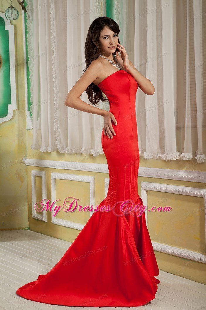 Red Mermaid Strapless Satin Brush Train Celebrity Dress