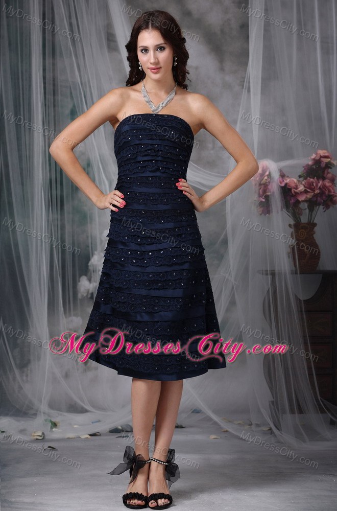 Fitted Navy Blue Strapless Aline Kneelength Ruching Junior Bridesmaid Dress