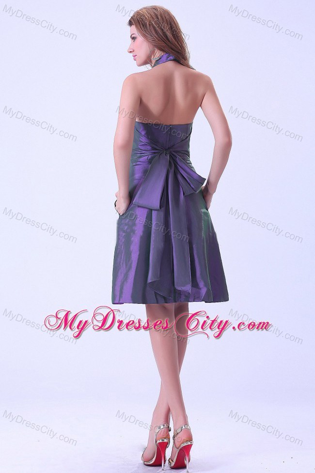 2013 Simple Purple Halter Top A-line Taffeta Bridesmaid Dress Knee-length
