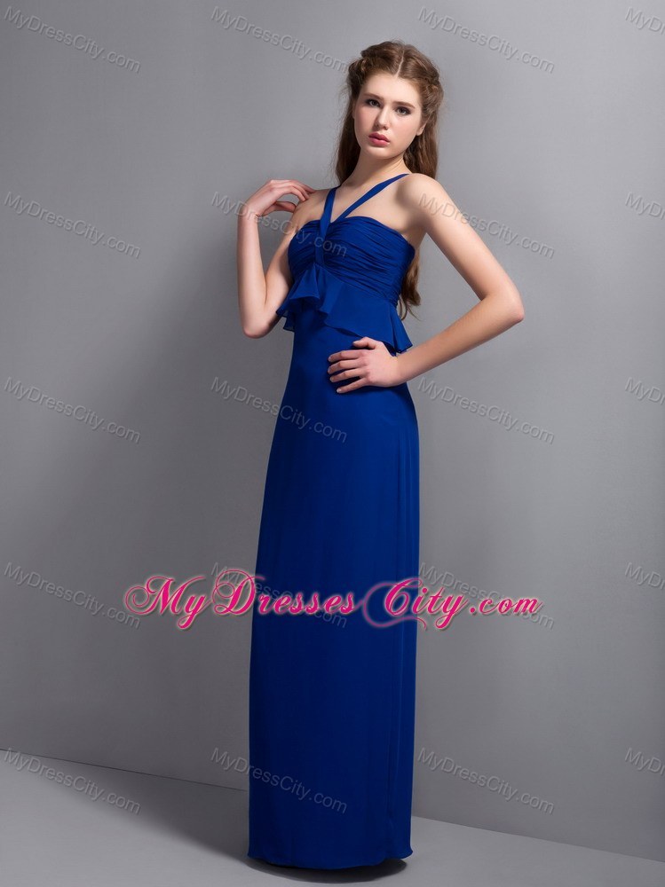 2013 Exclusive Unique Blue V-neck Chiffon Bridesmaid Dress Floor-length