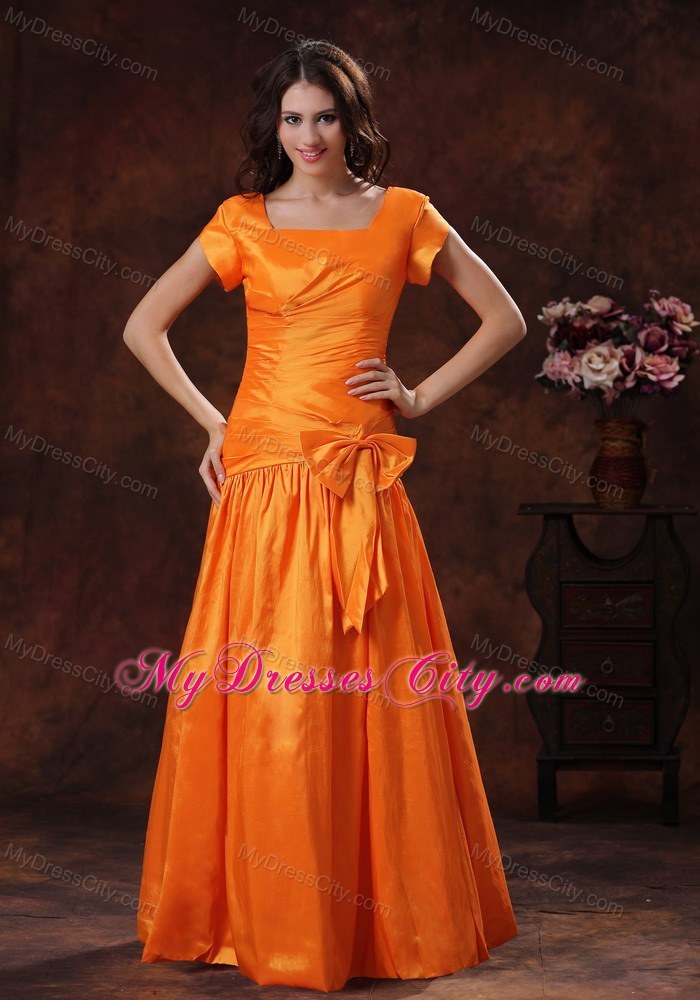 2013 New Style Hot Orange Square Short Sleeves Bridesmaid Dress with Bow