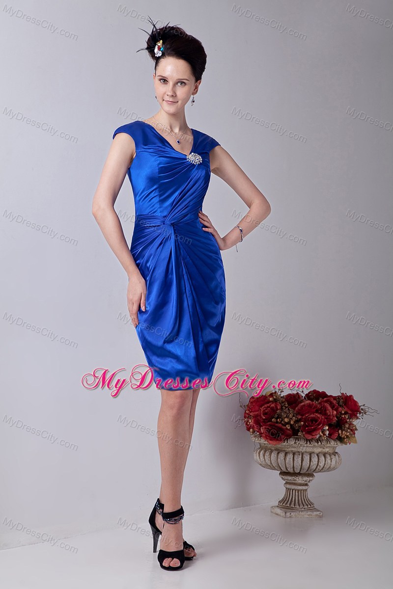 Elegant Royal Blue Sheathy Vneck Kneelength Beading Bridesmaid Dress