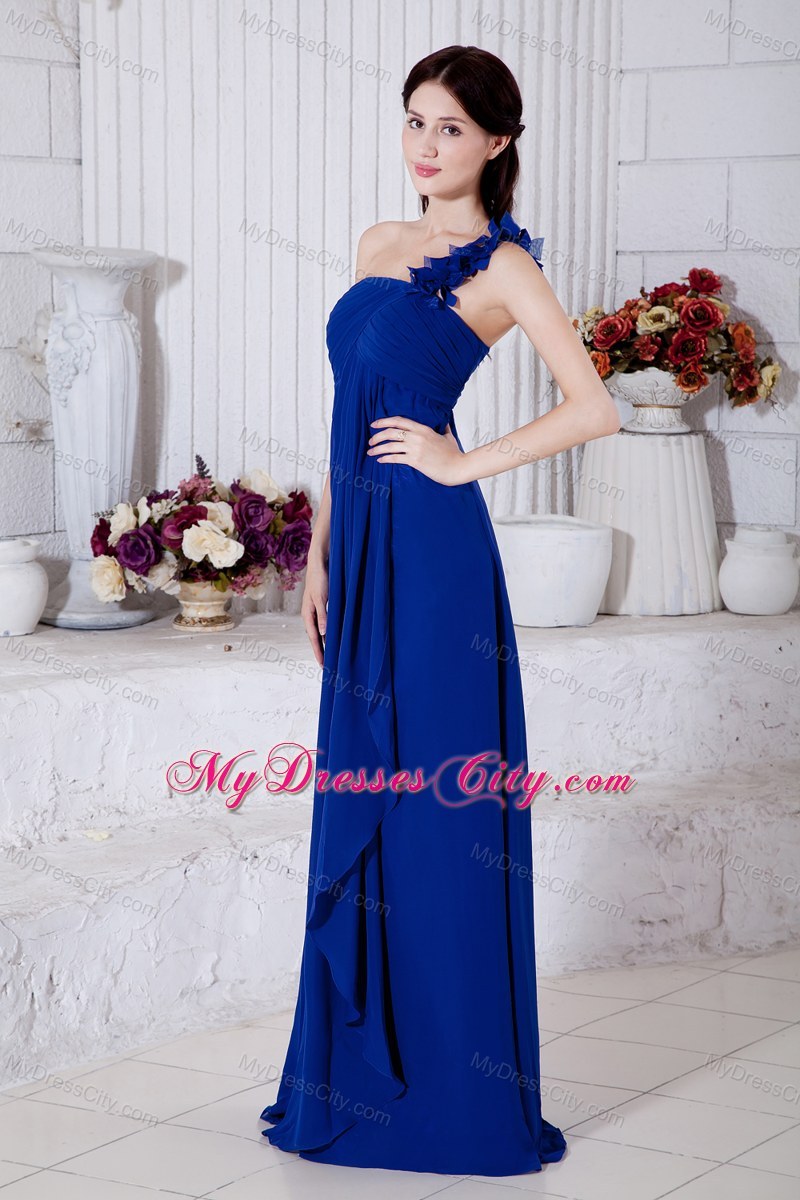 Royal Blue Empire Single Shoulder Flowery Bridesmaid Dress with Brush Train