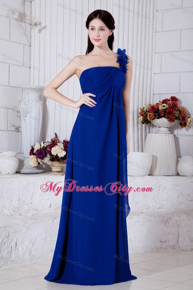Royal Blue Empire Single Shoulder Flowery Bridesmaid Dress with Brush Train