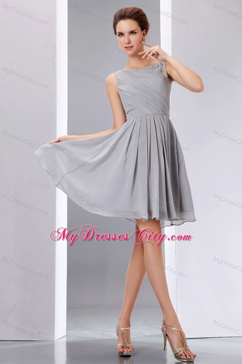 Beautiful Short Grey Ruched Chiffon Scoop A-line Junior Bridesmaid Dress