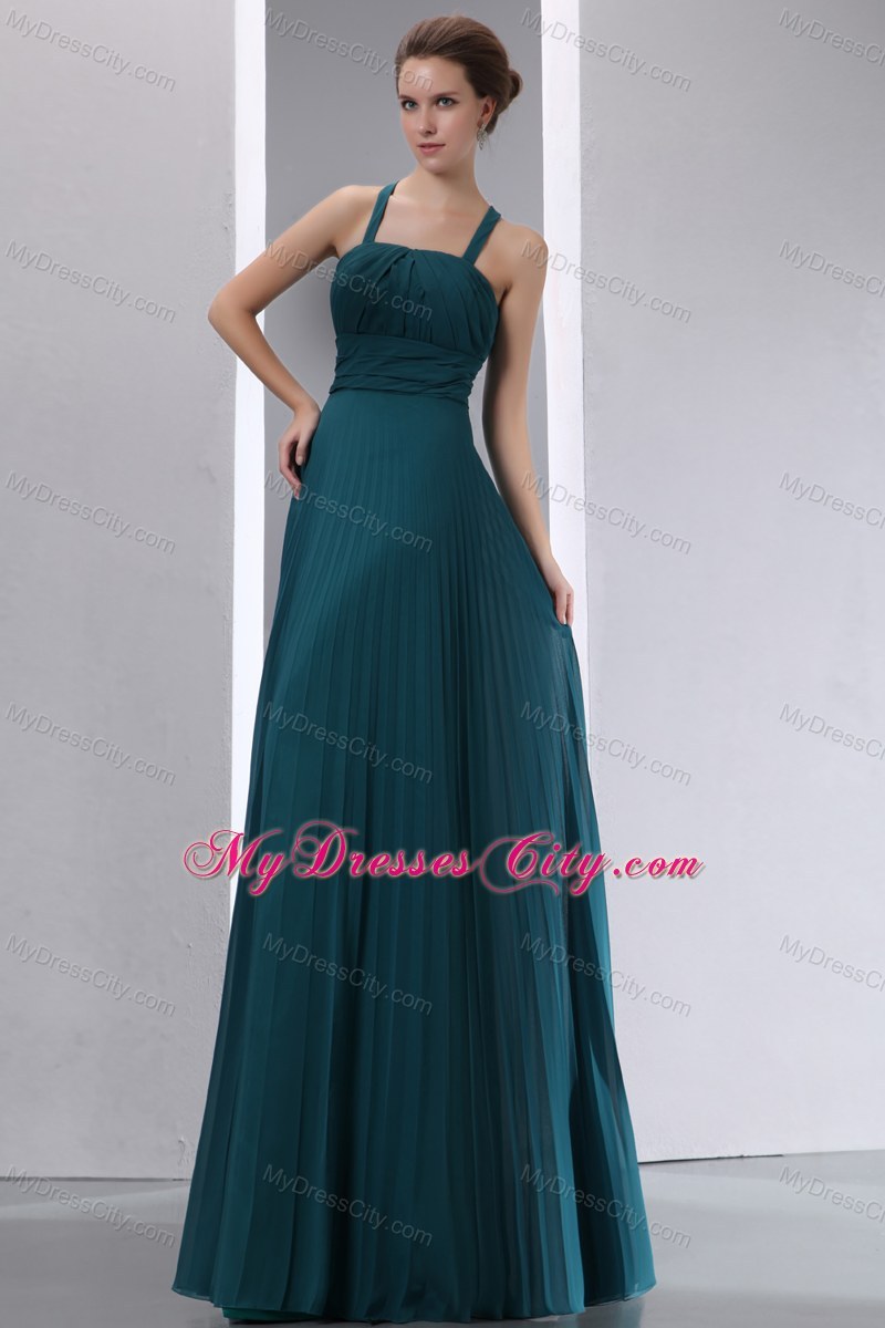 Peacock Green Aline Straps Pleated Chiffon Bridesmaid Dress Floorlength