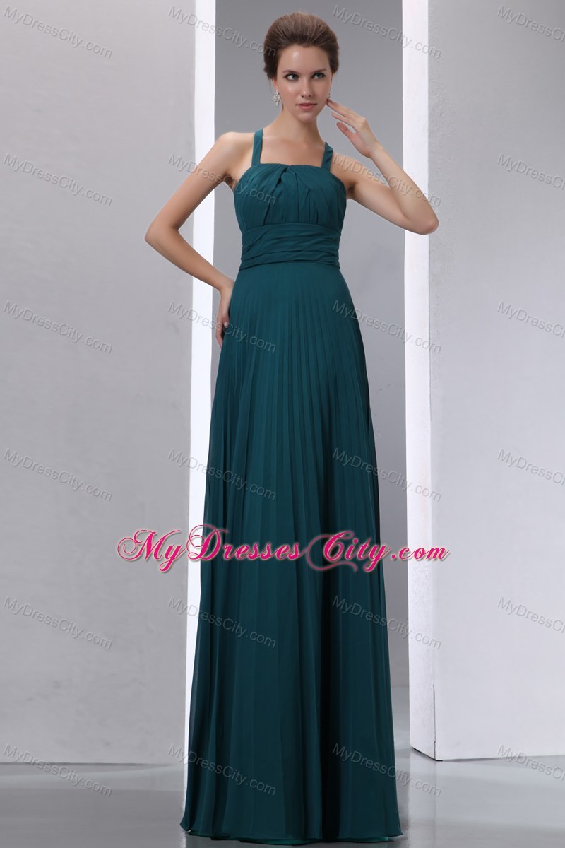 Peacock Green A-line Straps Pleated Chiffon Bridesmaid Dress Floor-length