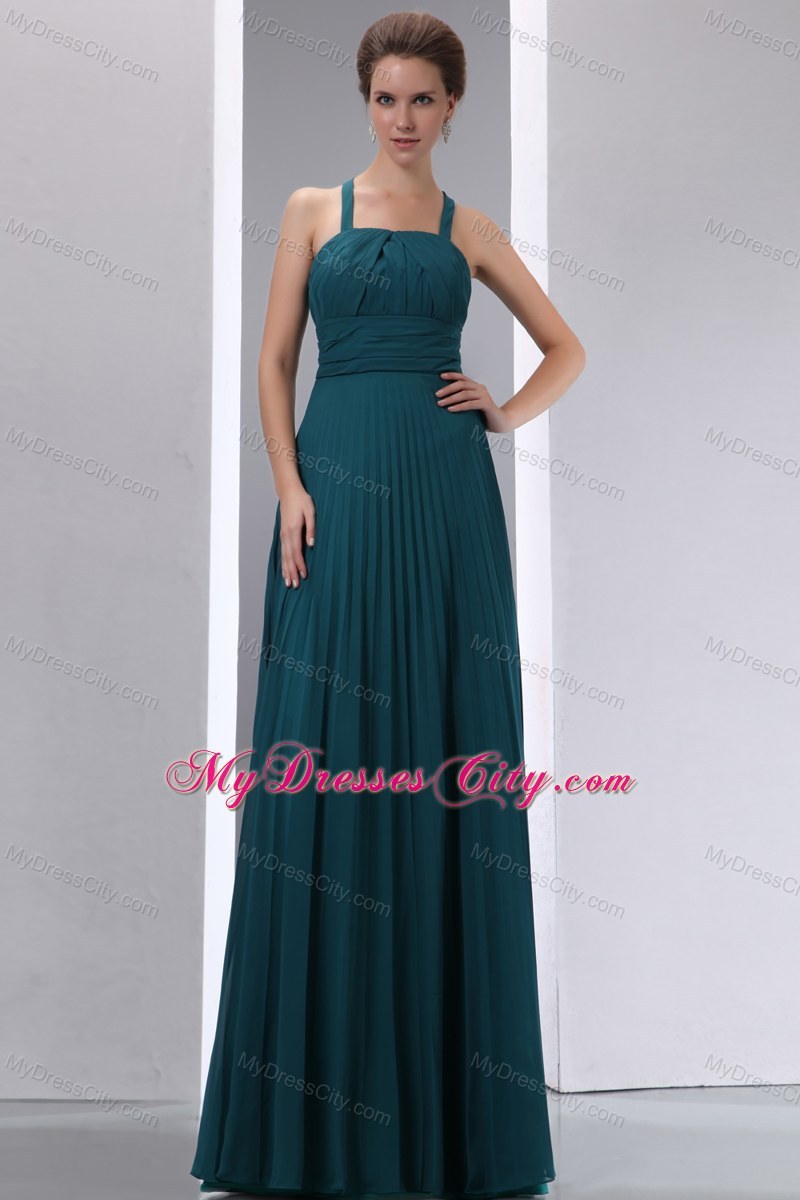 Peacock Green A-line Straps Pleated Chiffon Bridesmaid Dress Floor-length