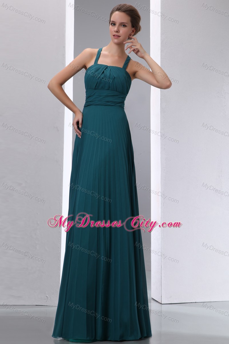 Peacock Green Aline Straps Pleated Chiffon Bridesmaid Dress Floorlength