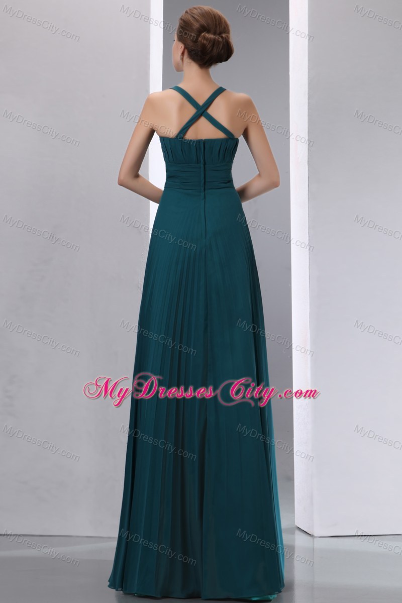 Peacock Green Aline Straps Pleated Chiffon Bridesmaid Dress Floorlength