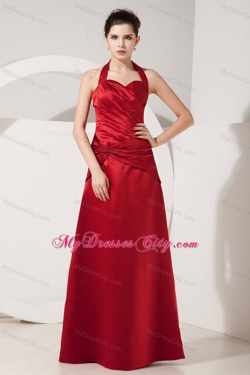 Elegant Red Empire Halter Ruched Floor-length Bridesmaid Dress