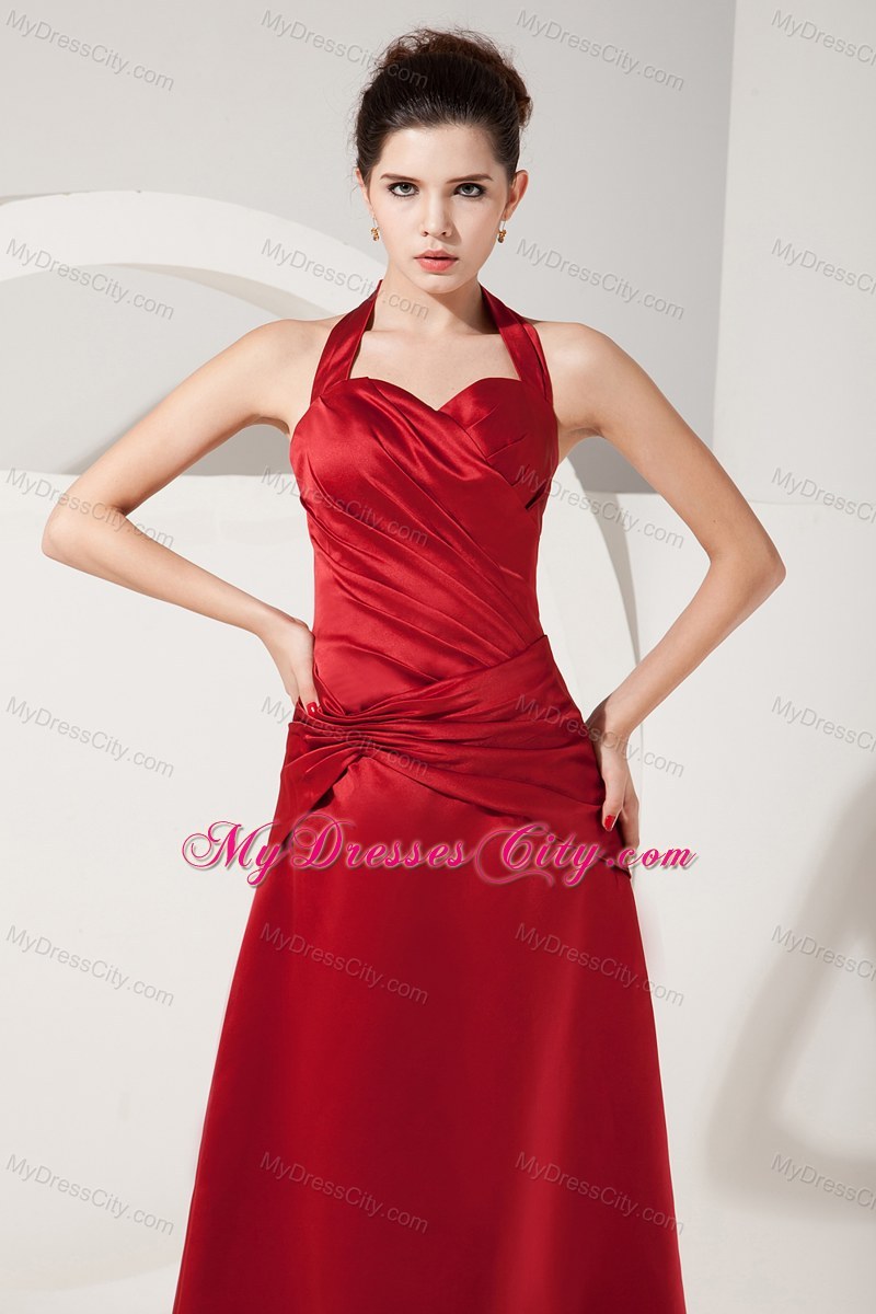 Elegant Red Empire Halter Ruched Floor-length Bridesmaid Dress