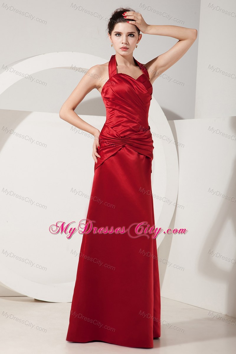 Elegant Red Empire Halter Ruched Floor-length Bridesmaid Dress