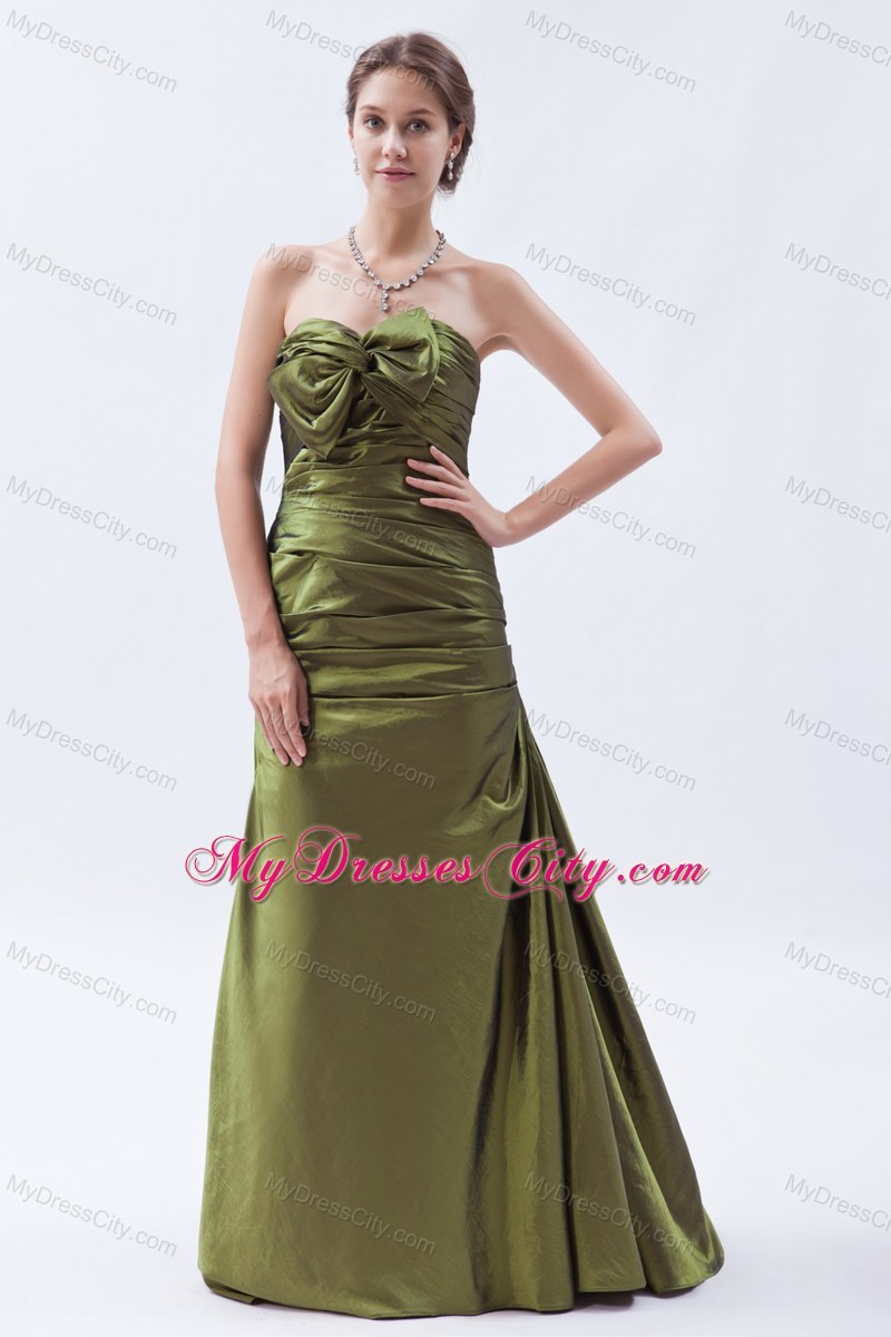 Olive Green A-line Brush Train Ruches and Bow Bridesmaid Dress
