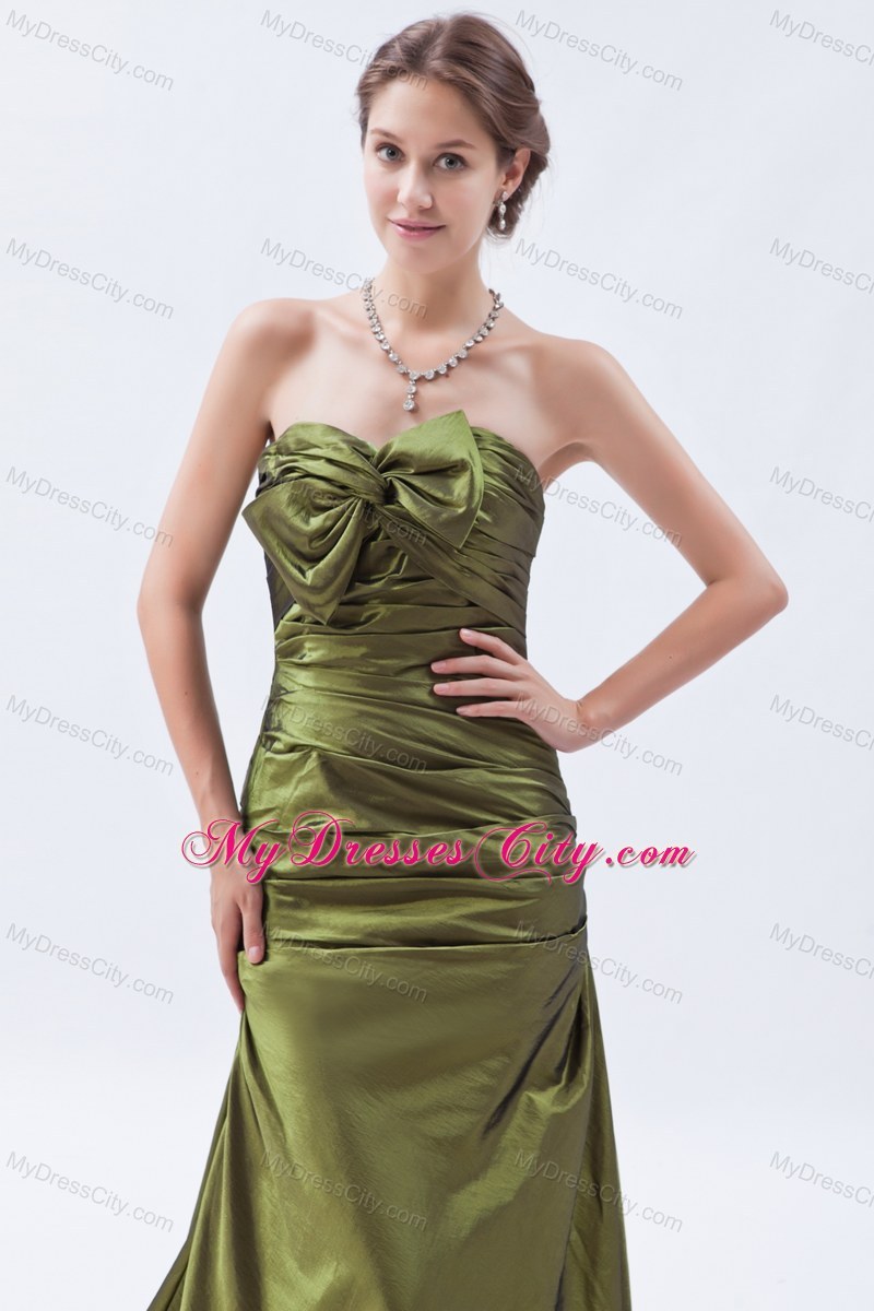 Olive Green A-line Brush Train Ruches and Bow Bridesmaid Dress