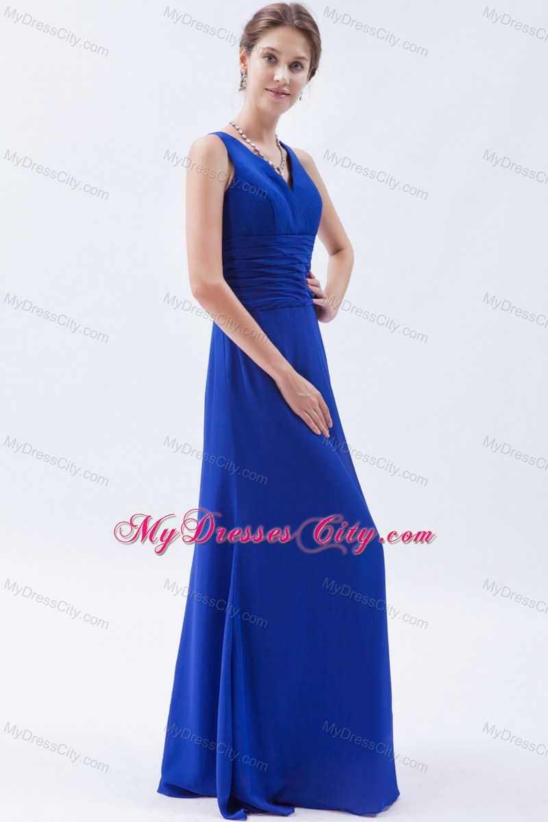 Royal Blue Column V-neck Floor-length Chiffon Bridesmaid Dress