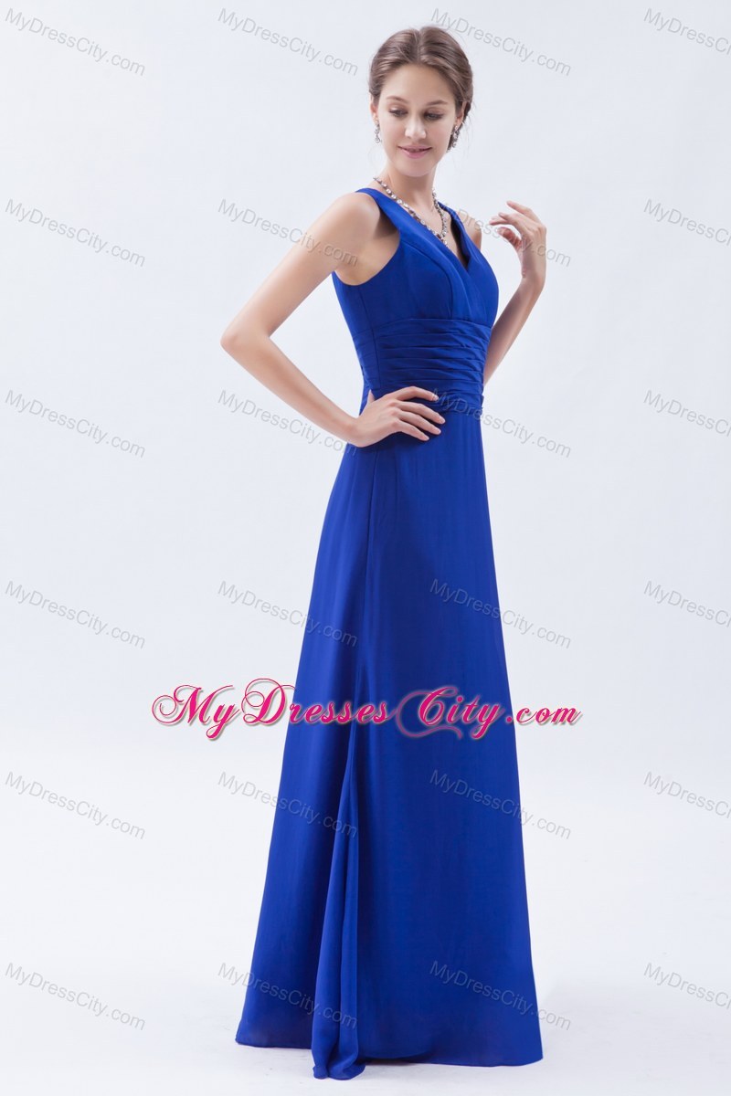 Royal Blue Column V-neck Floor-length Chiffon Bridesmaid Dress