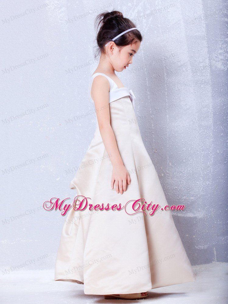 Champagne A-line Ankle-length Flower Girl Dress with Square and Bows