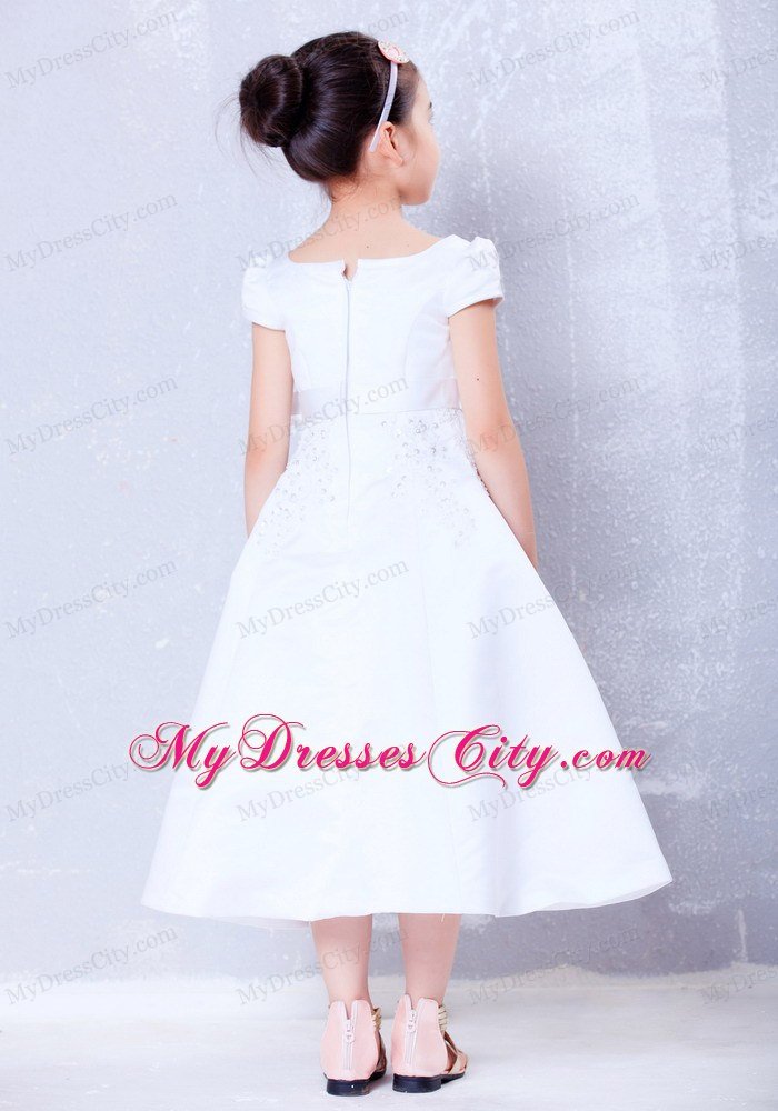 Scoop Neckline Tea-length Beading and Bow Decorate Flower Girl Dress