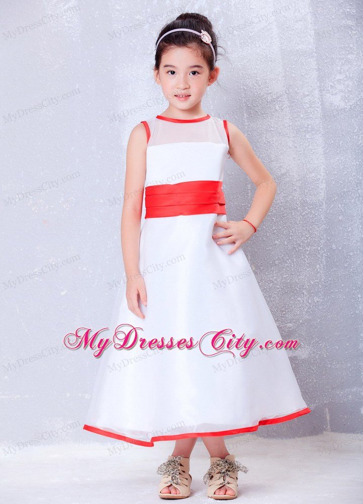 Scoop for Ankle-length White and Red Flower Girl Dress in Organza