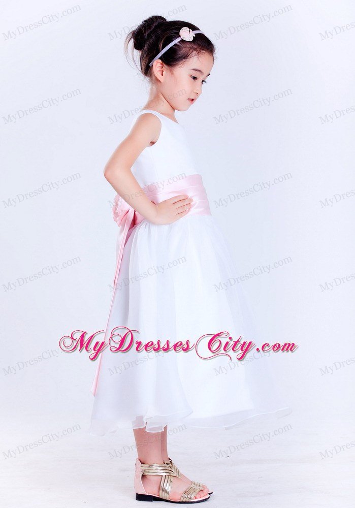 White and Pink Scoop Tea-length Flower Decorate Flower Girl Dress