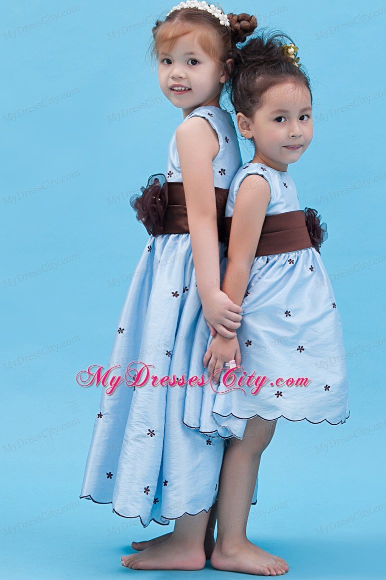 Baby Blue Scoop Neckline Appliques and Belt Decorate Flower Girl Dress