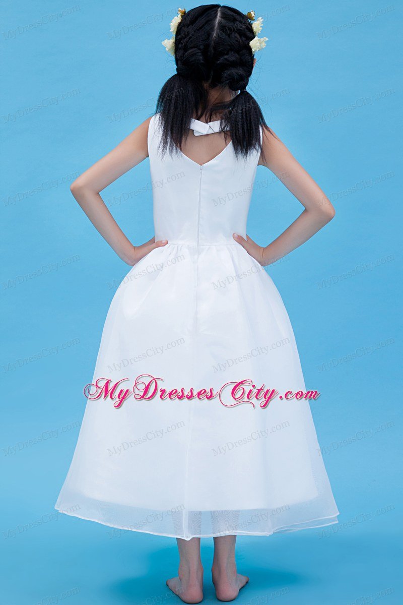 A-line V-neck Ankle-length Organza Appliques Flower Girl Dress