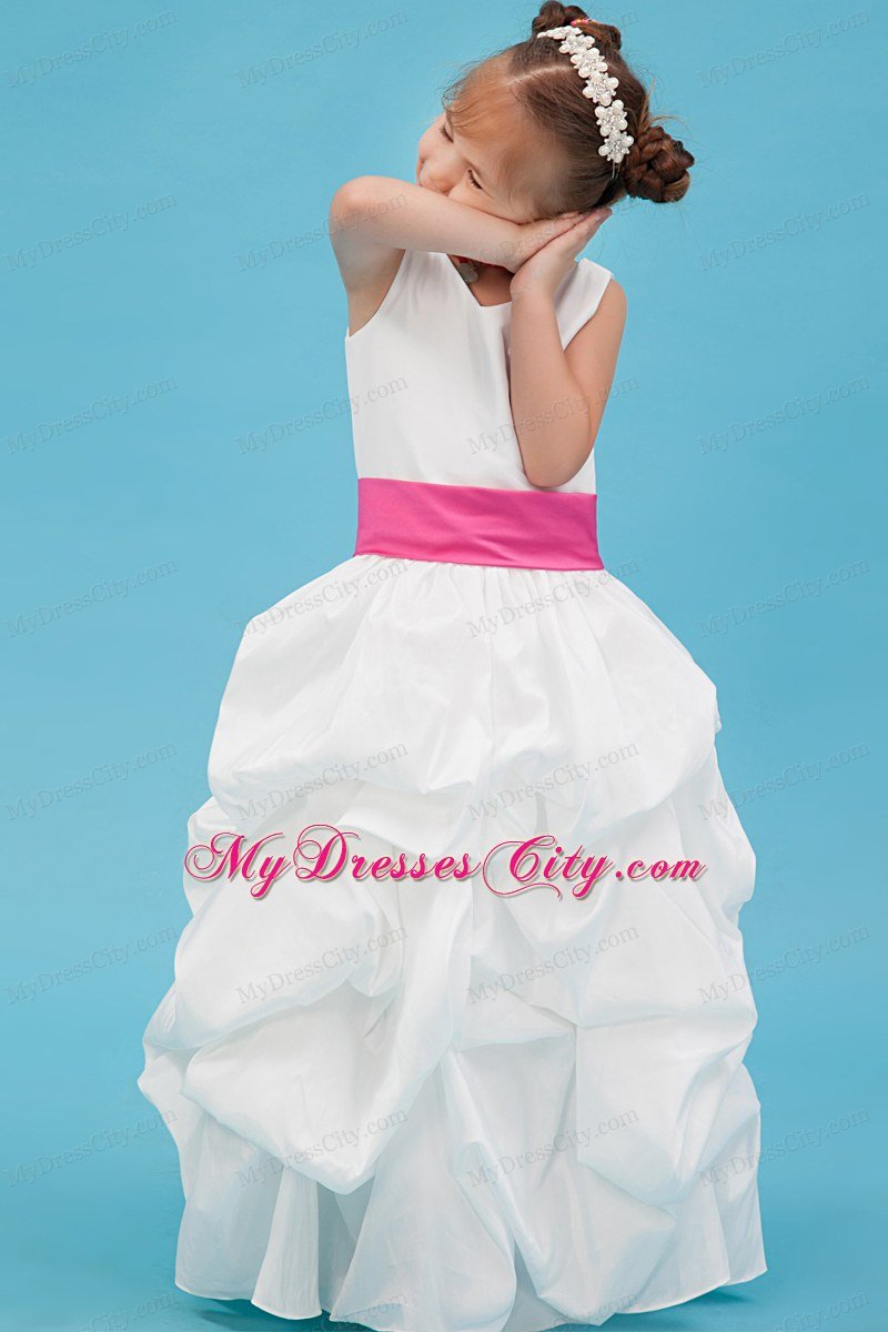 V-neck Ankle-length Pink Belt Accent Flower Girl Dress White A-line Style