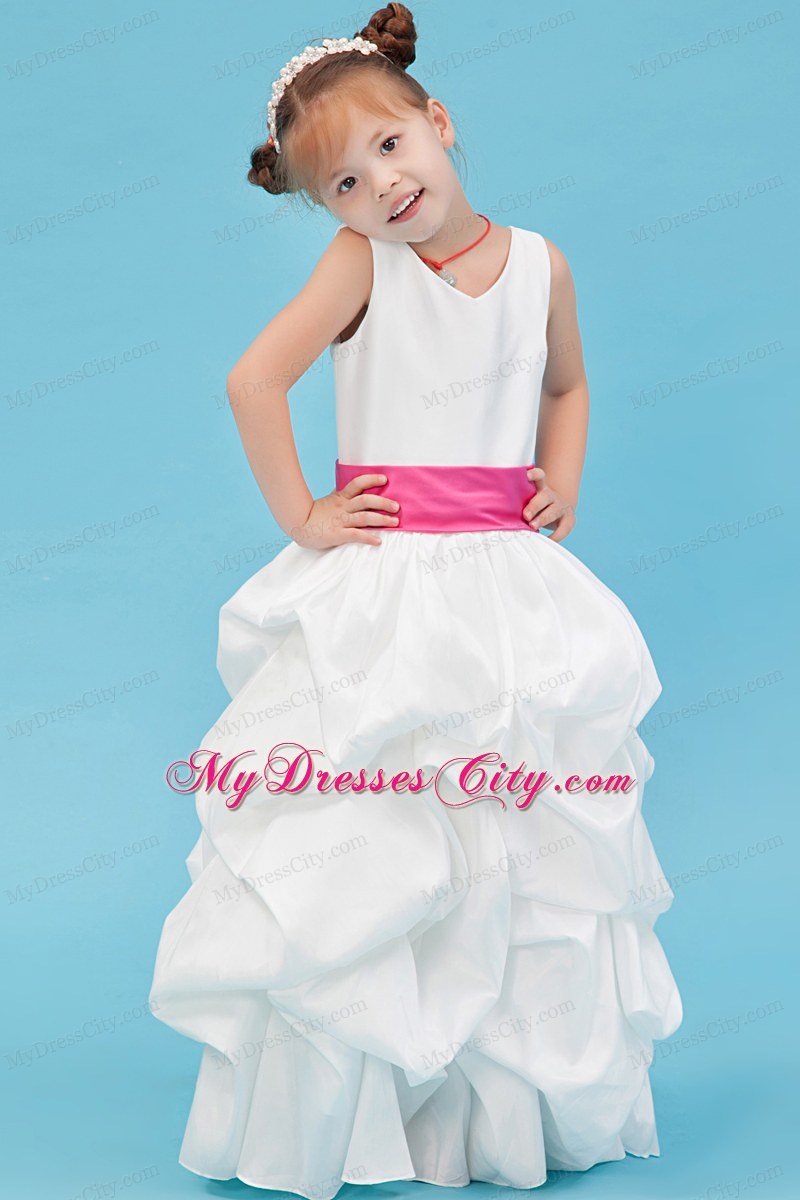 V-neck Ankle-length Pink Belt Accent Flower Girl Dress White A-line Style