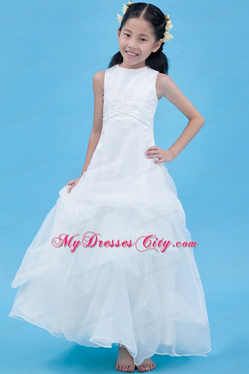 White A-line Scoop Appliques Decorate Flower Girl Dress Ankle-length Style