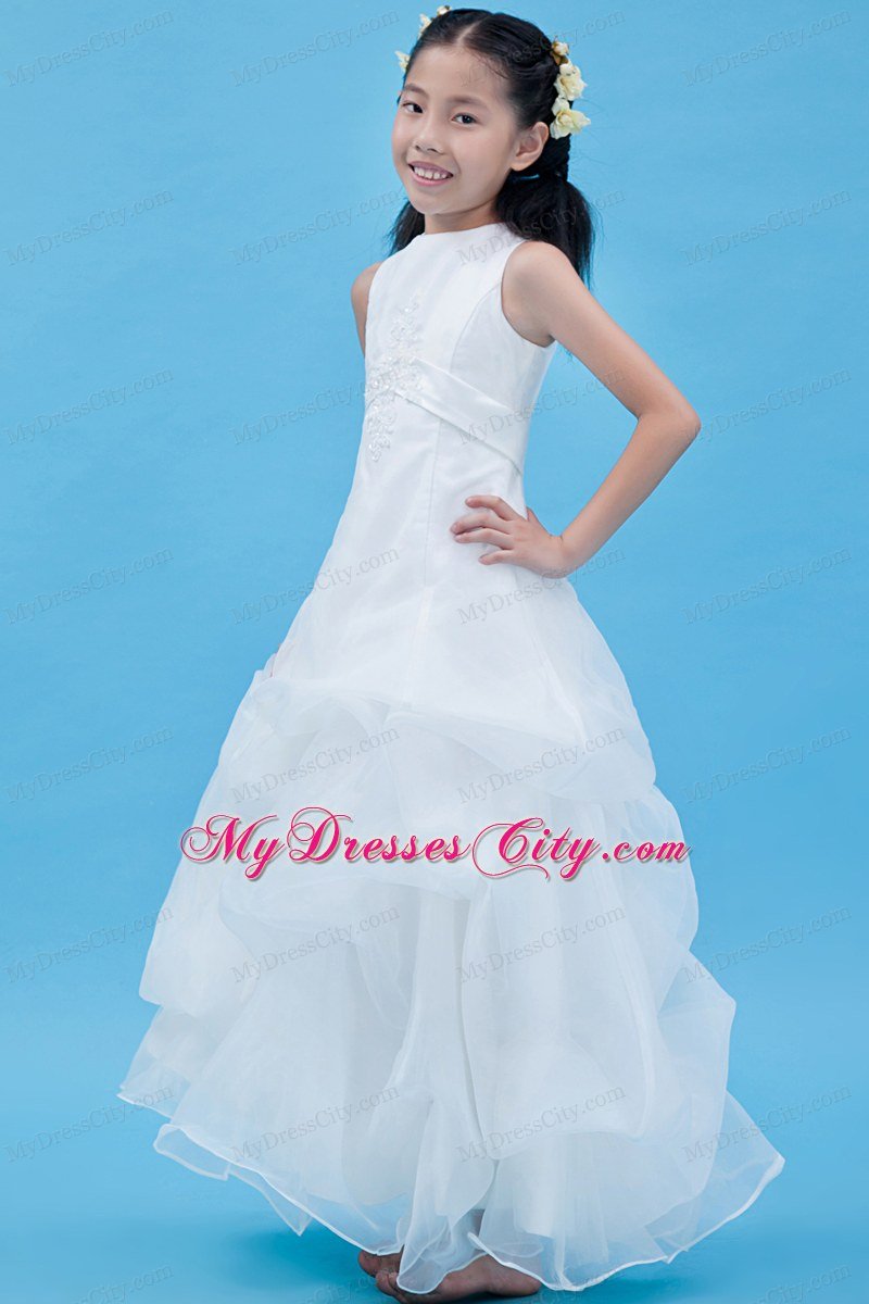 White A-line Scoop Appliques Decorate Flower Girl Dress Ankle-length Style