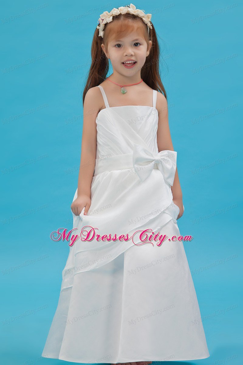 White A-line Floor-length Flower Girl Dress with Straps Sash and Bowknot