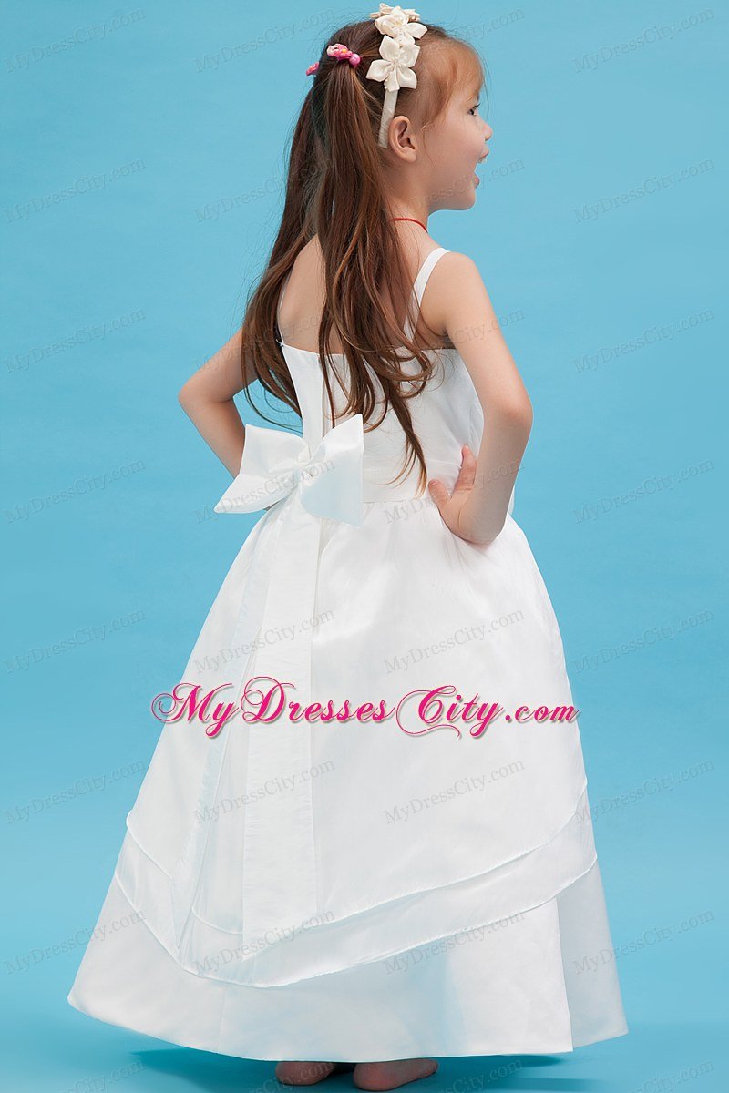 White A-line Floor-length Flower Girl Dress with Straps Sash and Bowknot