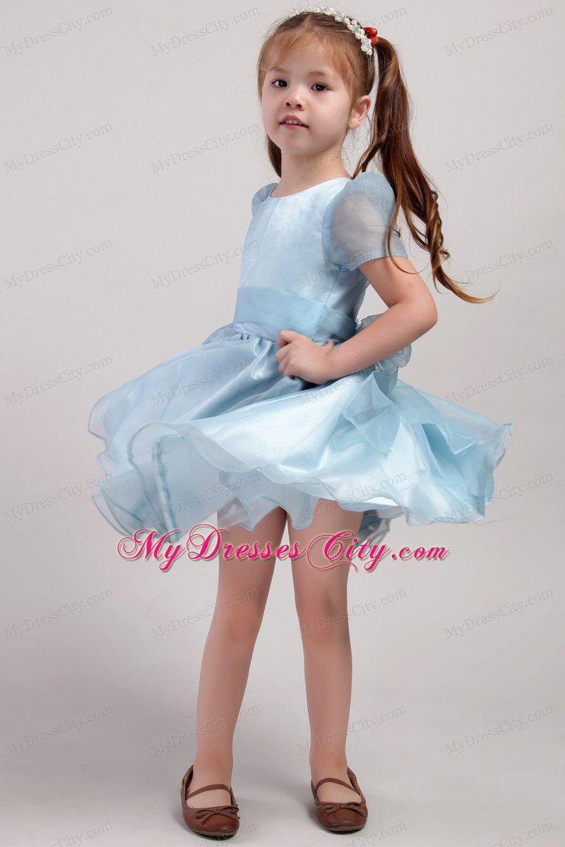 Knee-length Little Girl Dress Scoop Short Sleeves Style with Bowknot